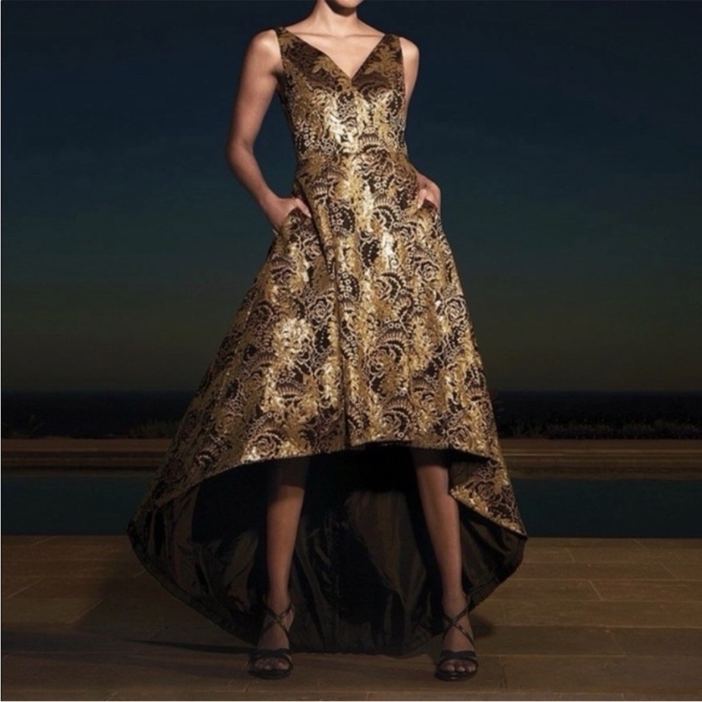 Calvin Klein Black Gold Sequin Hi Low Formal Sleeveless Evening Gown Pockets 6 - Picture 5 of 14